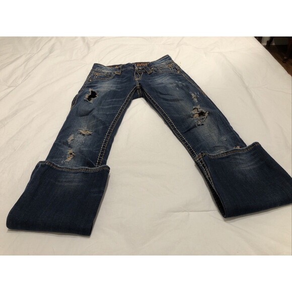 Rock Revival Jeans Womens Size 27" Waist Patti Boot Distressed Blue Flap Pockets - Picture 1 of 12